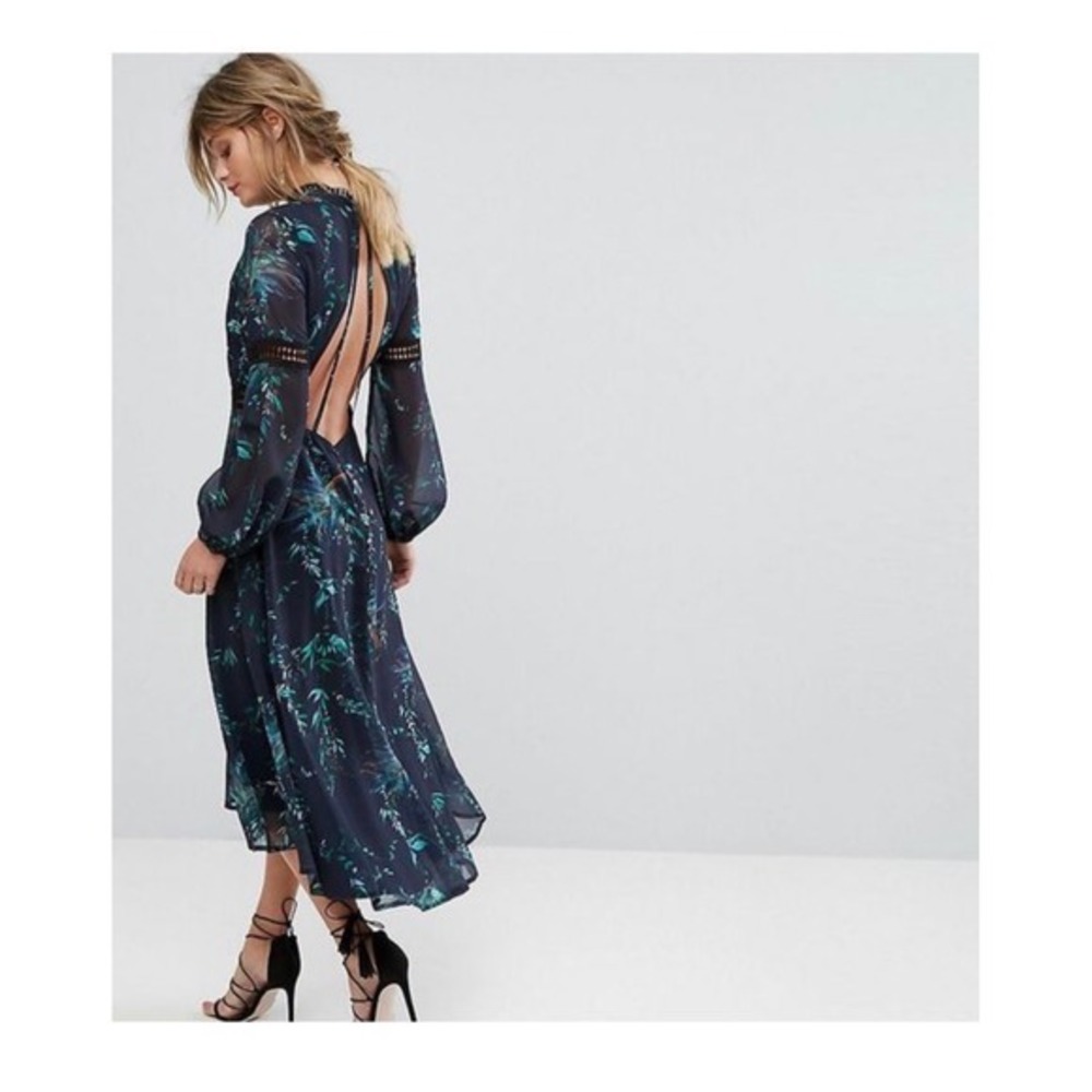ASOS Women's Blue Hope & Ivy Printed Open Back Midi Dress With Lace Inserts